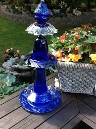 Tabletop Size Blue Glass Totem Glass Garden Art Glass Sculpture Glass Plate Flowers