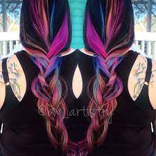 Braided Black Pink Blue And Orange Hair Wild Hair Color Cool Hair Color Black Hair Updo Hairstyles