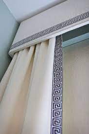 Chinoiserie Chic Navy Greek Key Trim High Low Custom Drapes Window Treatments Curtain Designs