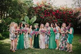19 Bridal Parties Who Perfected The Mismatched Dress Trend Tropical Wedding Dresses Floral Bridesmaid Dresses Bridesmaid