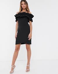 River Island Off Shoulder Dress With Ruffles In Black Asos In 2020 Dresses Shoulder Dress