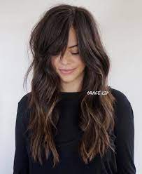 Long Brunette Shag And Side Bangs Darkbrunettehair Brunette Hair Color Hairstyles With Bangs Brown Hair Bangs