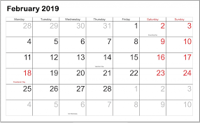 February 2019 Calendar With National Holidays 2019 Calendar Federal Holiday Calendar Holiday Calendar