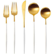 Cutipol Goa Cutlery White Handle Brushed Gold 5pcs Gold Cutlery Set Gold Cutlery Cutlery