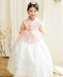 Beautiful Hanbok Dress Baby Girls Korea Traditional Costumes Outfits First Birthday Party Wedding Peach Ivory Embroidery On Skirt Bottoms Pink Dresses For Kids Hanbok Wedding Dress Korean Wedding Dress