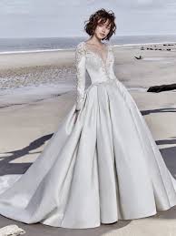Long Sleeved V Neck Crystaled Lace And Satin Ball Gown Wedding Dress