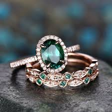 Emerald Engagement Ring Set 14k Rose Gold Natural Emerald Ring Etsy Emerald Engagement Ring Set Emerald Ring Vintage Emerald Engagement Ring