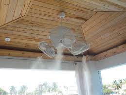 Many ceiling fans include an outdoor overhead light at the hub, to cast general ambient light on any deck or patio after dark. Tri Mist Misting Cooling Celling Fans The Misting Stoe