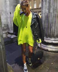 Leather Jacket Of Emily Shak On The Instagram Account Emilyshak Leather Jacket Of Emilyshak On The Brunch Outfit Stylish Fall Outfits Neon Dresses