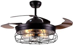 Amazon Com Ceiling Fan With Light 42 Inch Industrial Ceiling Fan Retractable Blades Vintage Cage Chandelier Fan With Remote Control 5 Edison Bulbs Needed Not Included Kitchen Dining