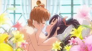 takami akio, amaya haruko, minaya uruchi, maken-ki!, maken-ki! two, xebec,  holding head, animated, animated gif, highres, 2girls, asymmetrical  docking, bed, blush, breast press, breasts, brown hair, flower, girl on  top, huge breasts,