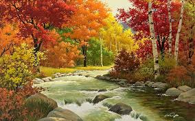 Autumn cherry tree potomac tidal basin washington dc. Hd Wallpaper River Between Cherry Blossom Graphic Autumn Landscape Painting Wallpaper Flare