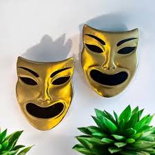 Vintage A Wanda Irwin Tooled Brass Comedy Mask Wall Hang Decor Lot 2 RARE  MCM