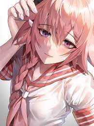 1190535 solo, french braid, crossdressing, Fate/Apocrypha, touching hair,  anime boys, purple eyes, Suou Sensei, bangs, Astolfo (Fate/Apocrypha),  anime, long hair, simple background, hair in face, 2D, femboy, vertical,  Fate/Grand Order, fan art,