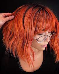 tangerine choppy lob with straight bangs idee couleur cheveux teints livre de coloriage pages merveille femme