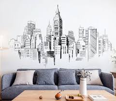 Large Metropolitan Sketch Drawing Pattern Vinyl Wall Sticker Wall Decal Art Decor Sticker Black And White Wall Decals Living Room Wall Drawing Decal Wall Art