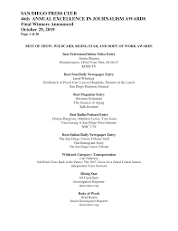 SAN DIEGO PRESS CLUB 46th ANNUAL EXCELLENCE IN JOURNALISM AWARDS Final  Winners Announced October 29, 2019