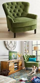 Modern living room with green armchair. Pier 1 Imports Eliza Forest Velvet Armchair Green Armchair Living Room Arm Chairs Living Room Living Room Chairs