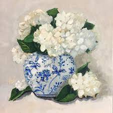 Original Still Life Painting Hydrangeas In Blue And White Vase Floral Painting White Blue Gray Fine Art Floral Painting Blue And White Vase Flower Painting
