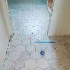 Its All About The Hexagon And Just Over 1 000 Tiny Little Spacers Hextile Bathroomremodel Tilefloor Renovation Sc Tile Floor Bathrooms Remodel Hex Tile