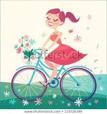 Girl Is Riding Bike On Spring Field Vector Illustration Vektorgrafik Illustration Grafik