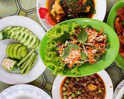 A vibrant Cambodian food market scene with fresh ingredients.