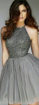 Sherri Hill In Gunmetal Grey Cockstail Style Prom Dress W Short Pleated Skirt Beaded Halter Top 32335 With Images Grey Prom Dress Dresses Elegant Dresses