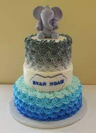 Baby Shower Cake Fondant Elephant Cake Topper Ombre Grey And Blue Buttercream Rosettes Elephant Baby Shower Cake Baby Shower Cakes For Boys Baby Elephant Cake