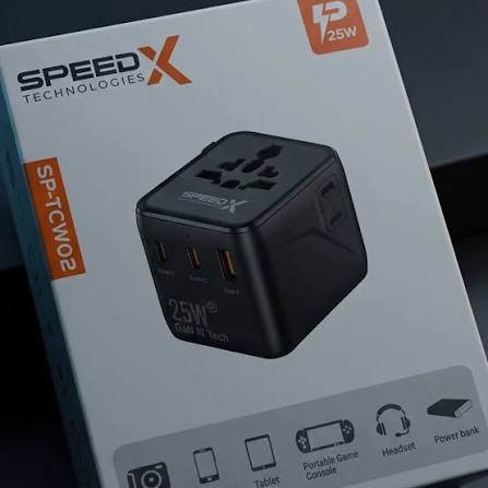 Travel smarter and charge faster. The SpeedX universal adapter delivers 25W  power for all your devices. Get yours today! #SpeedX #TravelEssentials # FastCharging #TechGear #BuyNow