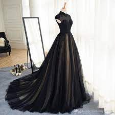 Discountgothic Black Wedding Dresses Champagne Lining High Neck Lace Appliques Capped Sleeves Zipper Up Sweep Train Wedding Dress Cheap Bridal Gown From Wedding Gothic Wedding Dress Black Wedding Gowns Sweep Train