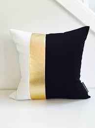 Black And White Pillow Cover 18 X18 Cushion Color Block Design Metallic Gold Stripes Wide Striped Modern Glam Mid Century Hollywood Regency Black And White Pillows Black White And Gold Bedroom White