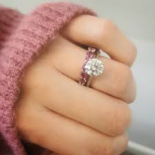 Beautiful Solitaire Diamond Engagement Ring Paired With Pink Tourmaline Wedding Band By Visionary Jewelers Diamond Wedding Bands Pink Diamond Pink Diamond Ring
