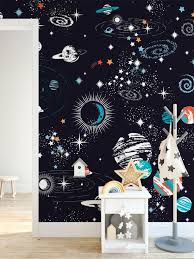 Black Outerspace Kids Bedroom Wallpaper Starry Galaxy Wall Etsy In 2020 Kids Bedroom Wallpaper Wallpaper Bedroom Playroom Wall Art