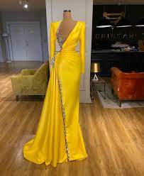 New Yellow Evening Dresses Sheer Jewel Neck Satin Sequins Beaded Long Mermaid Prom Dress Sweep Train Arabic Formal Gowns From Dressvip 98 25 Dhgate Com