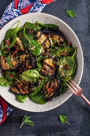 This Grilled Eggplant And Spinach Salad Makes A Wonderfully Fresh Healthy And Filling Warm Weat Side Dish Recipes Healthy Vegetarian Recipes Eggplant Recipes