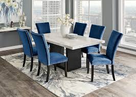 The classic chair design with blue sling has clean lines and is built for comfort. Cosmopolitan 7 Pc Dinette W White Marble Blue Chairs The Roomplace Dining Room Blue Blue Dining Room Decor Velvet Dining Chairs