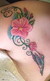 Shoulder Piece Hummingbird And Petunias Petunia Tattoo Sweet Tattoos Picture Tattoos