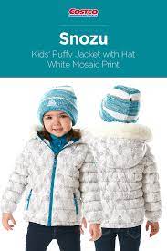 Snozu Kids Puffy Jacket With Hat White Mosaic Print Puffy Jacket Affordable Outerwear Girls Outerwear