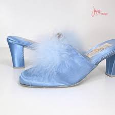 70s Marabou Slippers Light Blue Satin Feather Mules Etsy Stiletto Heels Feather Slippers High Heel Slippers