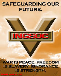 Features a soldier of oceania marching forth with a bayonet in front of the ingsoc party emblem with the text over there! Ingsoc Propaganda Poster By Duraluminwolf On Deviantart
