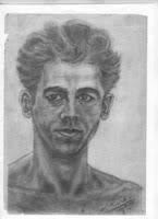 A front view of an Italian marble statue sculpted by Mordecai Kafri, in the  image of his mother, showing her seated, with her hands at her sides. See  YBZ.0529.543 for a view