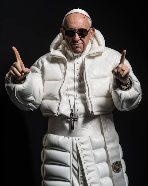 Pope Drip Original creator Prompt : Catholic Pope Francis wearing  Balenciaga puffy jacket in drill rap music video, throwing up gang signs  with hands, taken using a Canon EOS R camera with