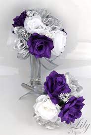 17 Piece Package Bridal Bouquet Wedding Bouquets Silk Flowers Bride Cascade Teardrop P Wedding Bouquet Ribbon Purple And Silver Wedding Purple Wedding Bouquets