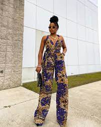 Diaan African Ankara Kente Infinity Strap Jumpsuit in Blue Tan White and Black - Chimzi