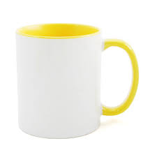 Caneca com alça e interior coloridos. Distribuidora Pg Sublimacao Caneca De Ceramica Com Interior E Alca Amarelo Com Caixinha Para Sublimacao