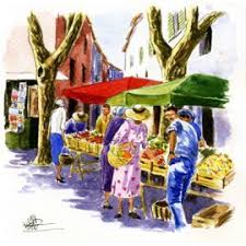 Peinture Aquarelle Originale Scene De Vie Provence Marche Aux Fruits Et Legumes 15x15cm Peinture Aquarelle Peinture Aquarelle