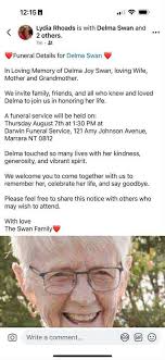 Lydia Rhoads others. with Delma Swan Funeral Details for Delma Swan Loving  Memory Delma Joy Swan, loving Wife, Mother and Grandmother. We invite  family, friends, and all who knew and loved Delma