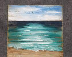 Wood Pallet Beach Wall Art Beach Hand Painted Seascape Horizon Ocean Extra Large Reclaimed Distressed Adirondack Chair Shabby Chic Beach Wall Art Beach Painting Beach Art