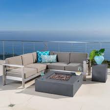Noble House Cape Coral Khaki 5 Piece Aluminum Outdoor Sectional Set With Khaki Cushions 11886 The Home Depot In 2020 Fire Table Patio Furniture Deals Outdoor Seating