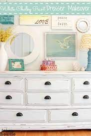 To prevent paint drips, keep the paint on your brush light. White Chalky Paint Dresser Makeover The Happy Housie